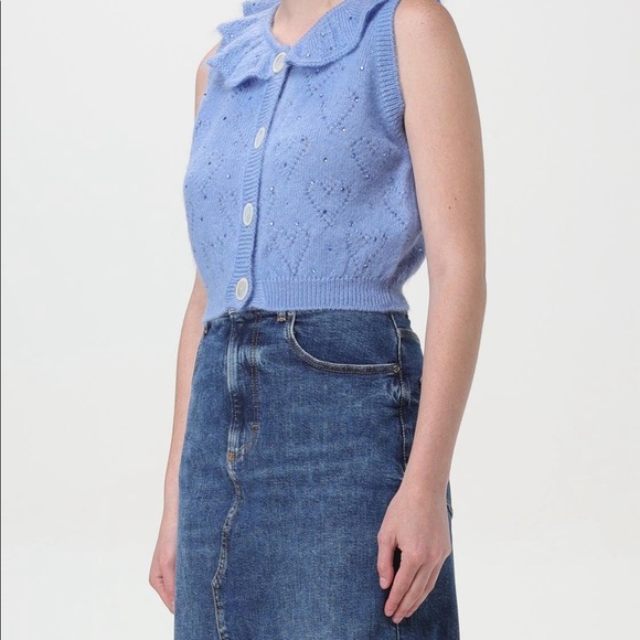 Alessandra Rich Crystal Embellished Ruffled-Neck Crop Knitted Sleeveless Sweater - Picture 5 of 16